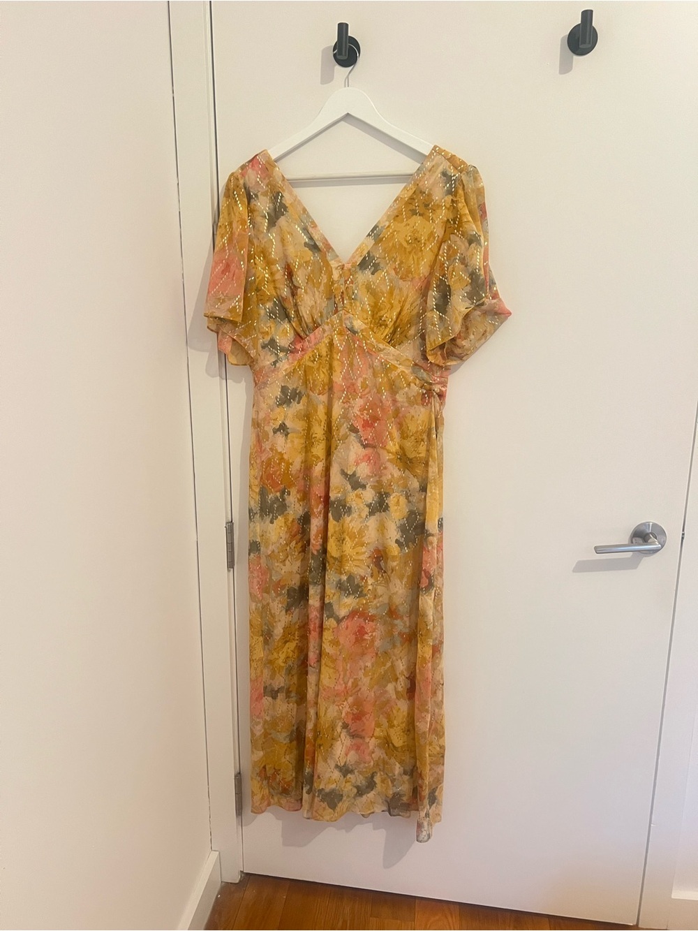 Floral V-Neck Flutter Sleeve Maxi Dress in Mustard and Pink